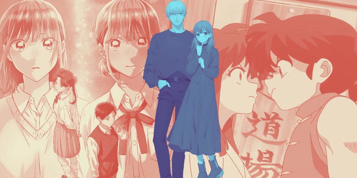 Blue Box cour 2 key visual and Ranma 1/2 (2024) visual behind A Sign of Affection main characters