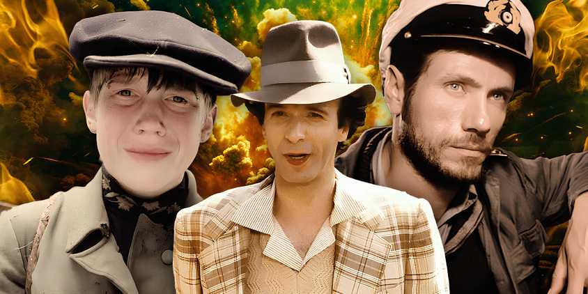 Imagery of Aleksei Kravchenko from Come and See to the left, Roberto Benigni from Life is Beautiful in the middle and Jürgen Prochnow from Das Boot on the right