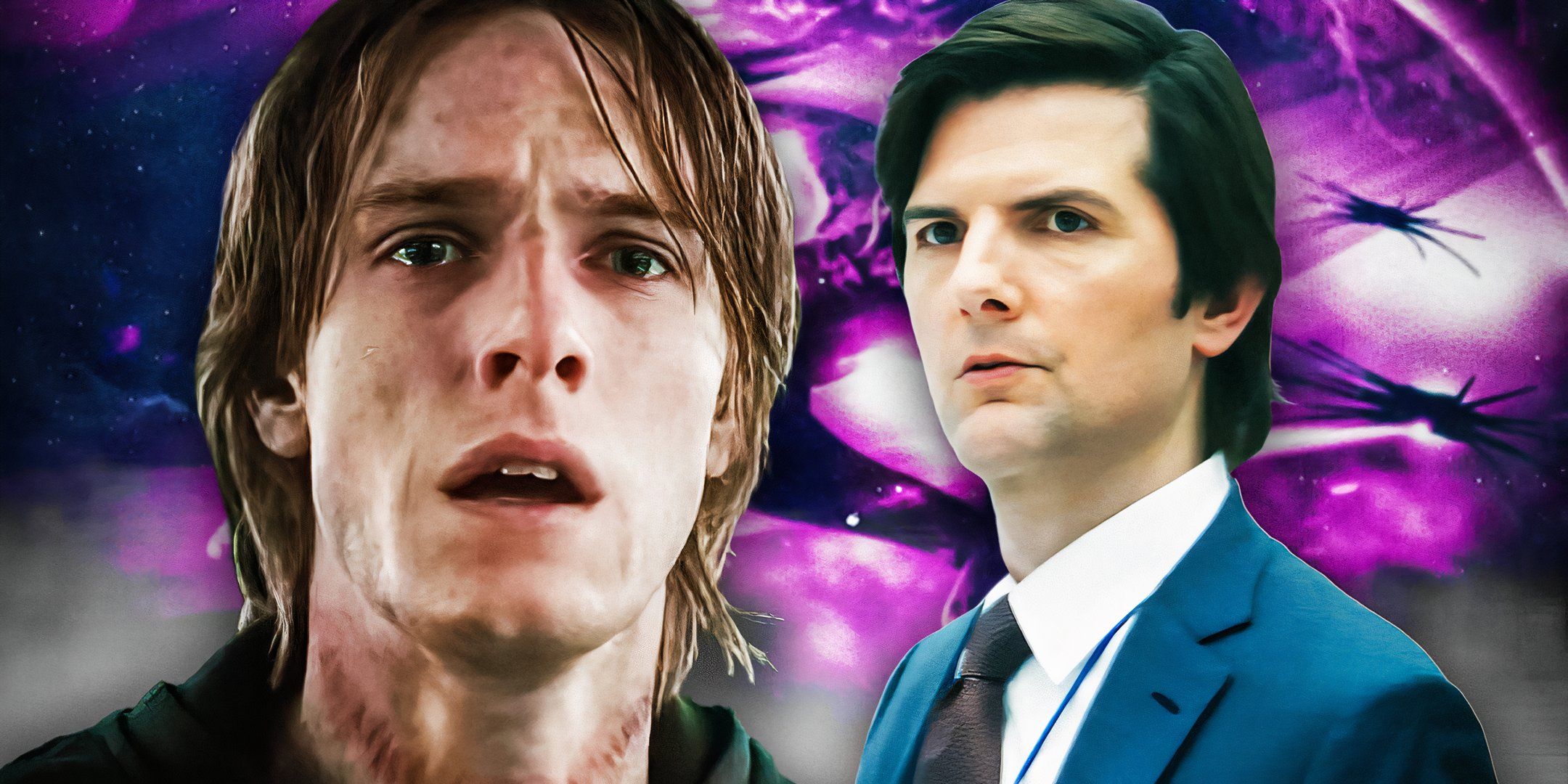 Two side by side images of actors Louis Hofmann as Jonas Kahnwald in Dark and Adam Scott as Mark in Severance