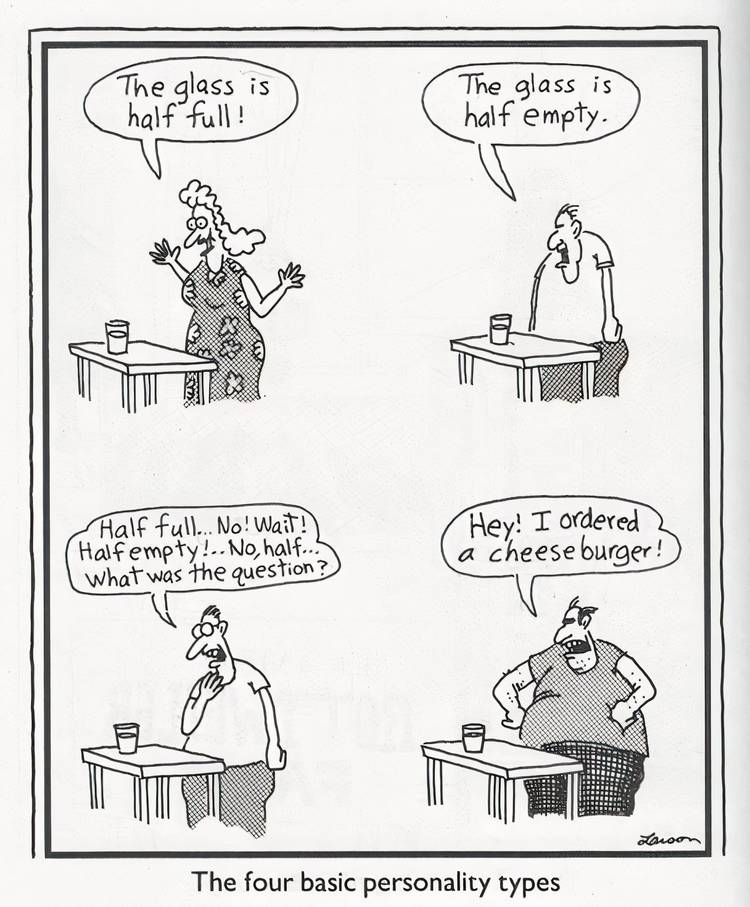 People deciding if a glass is half full or half empty in The Far Side.