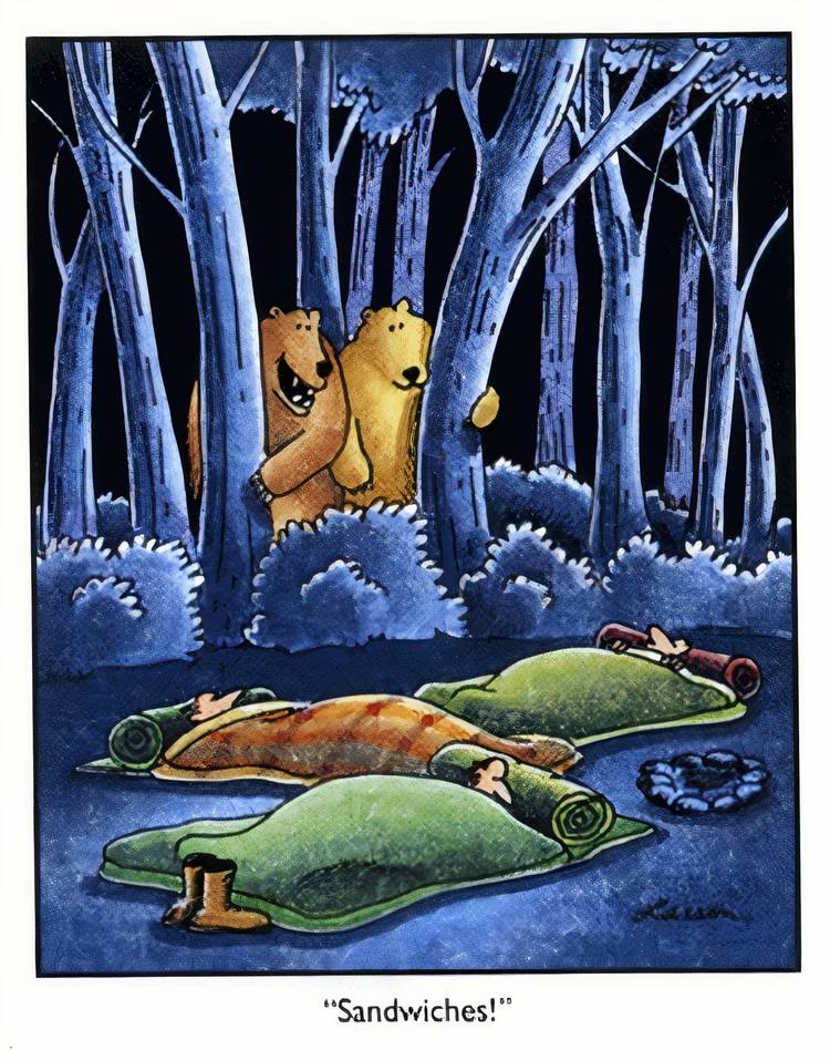 Two bears about to eat three people in The Far Side.