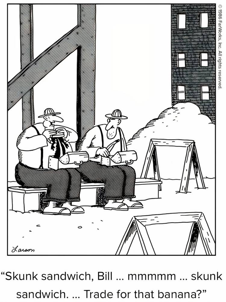 Two construction workers eating lunch in The Far Side.