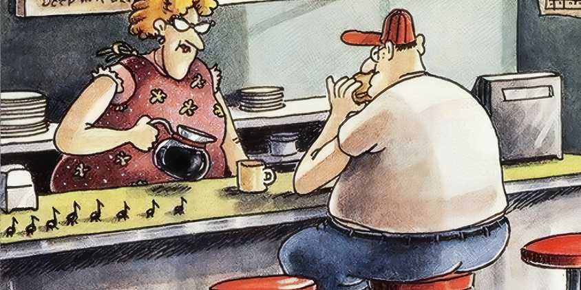A diner waitress serving a man coffee while he's eating a burger in The Far Side.