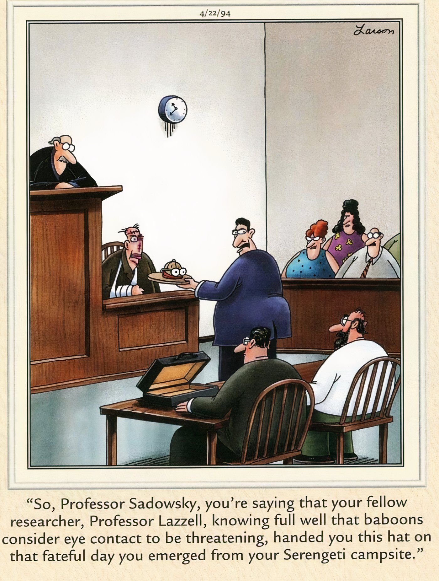 A lawyer questioning a man on the stand in court in The Far Side.