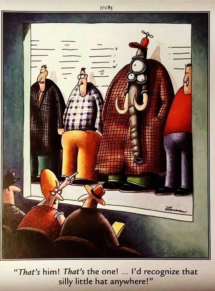 A three-eyed elephant man getting fingered in a police lineup in The Far Side.