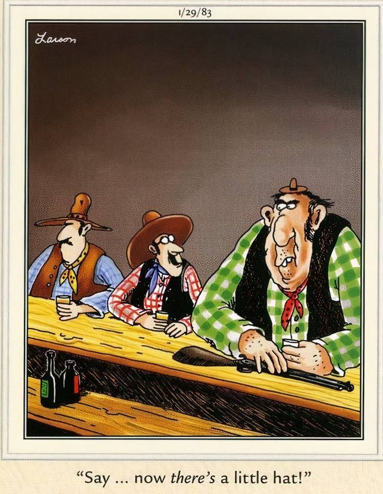 Three cowboys sitting at the bar in The Far Side.