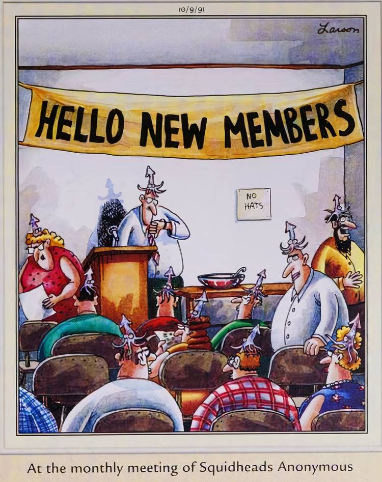 A meeting of the Squidheads in The Far Side.