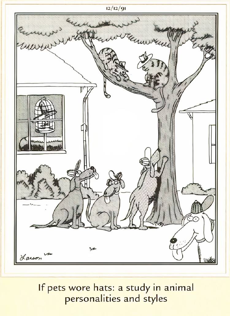 Cats, dogs, and a bird wearing hats in The Far Side.