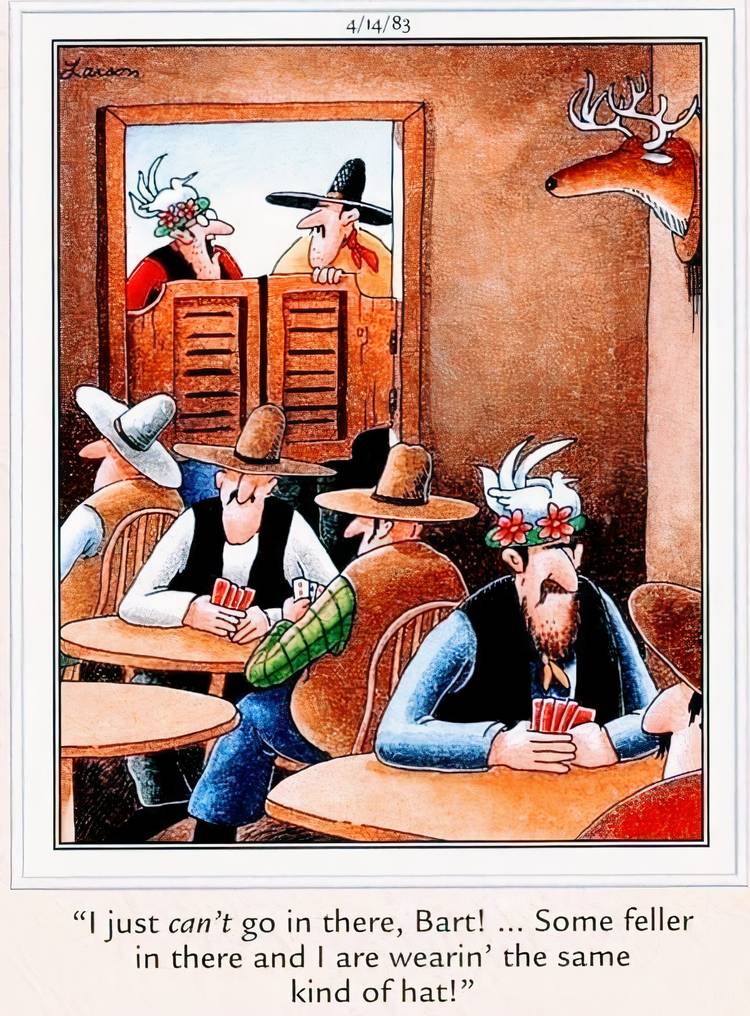 Two cowboys wearing the same outrageous hat in The Far Side.