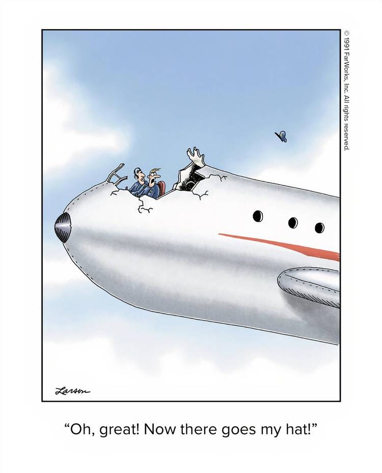 Pilots losing their hats along with the top of their plane in The Far Side.
