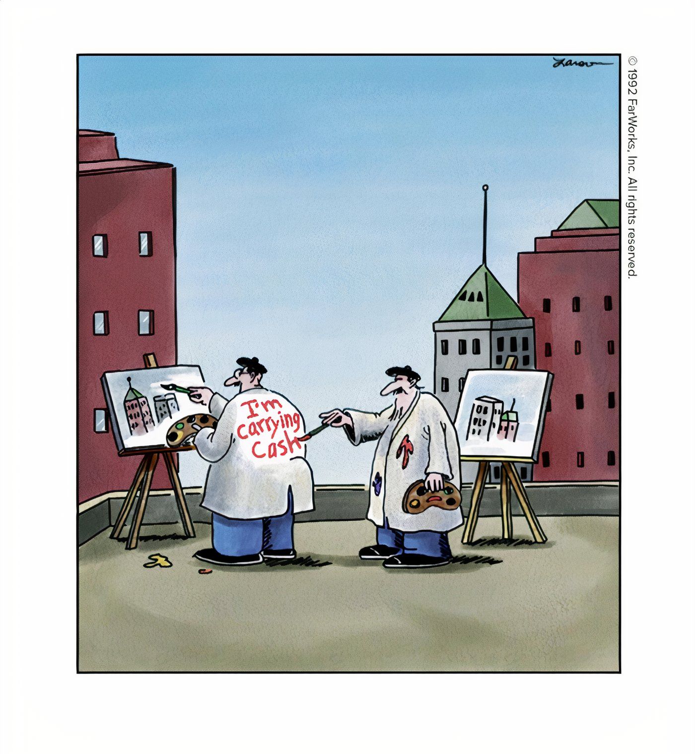 Um artista pintando nas costas de outro artista em The Far Side.