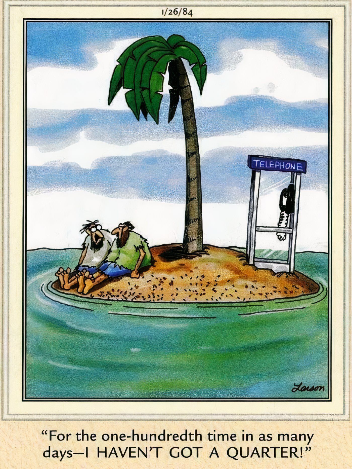 Dois homens presos em uma ilha com um telefone público em The Far Side.