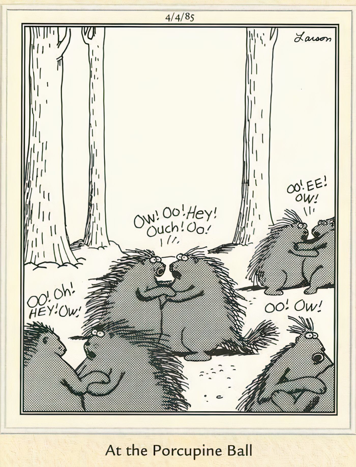 Porcupines dancing together in The Far Side.