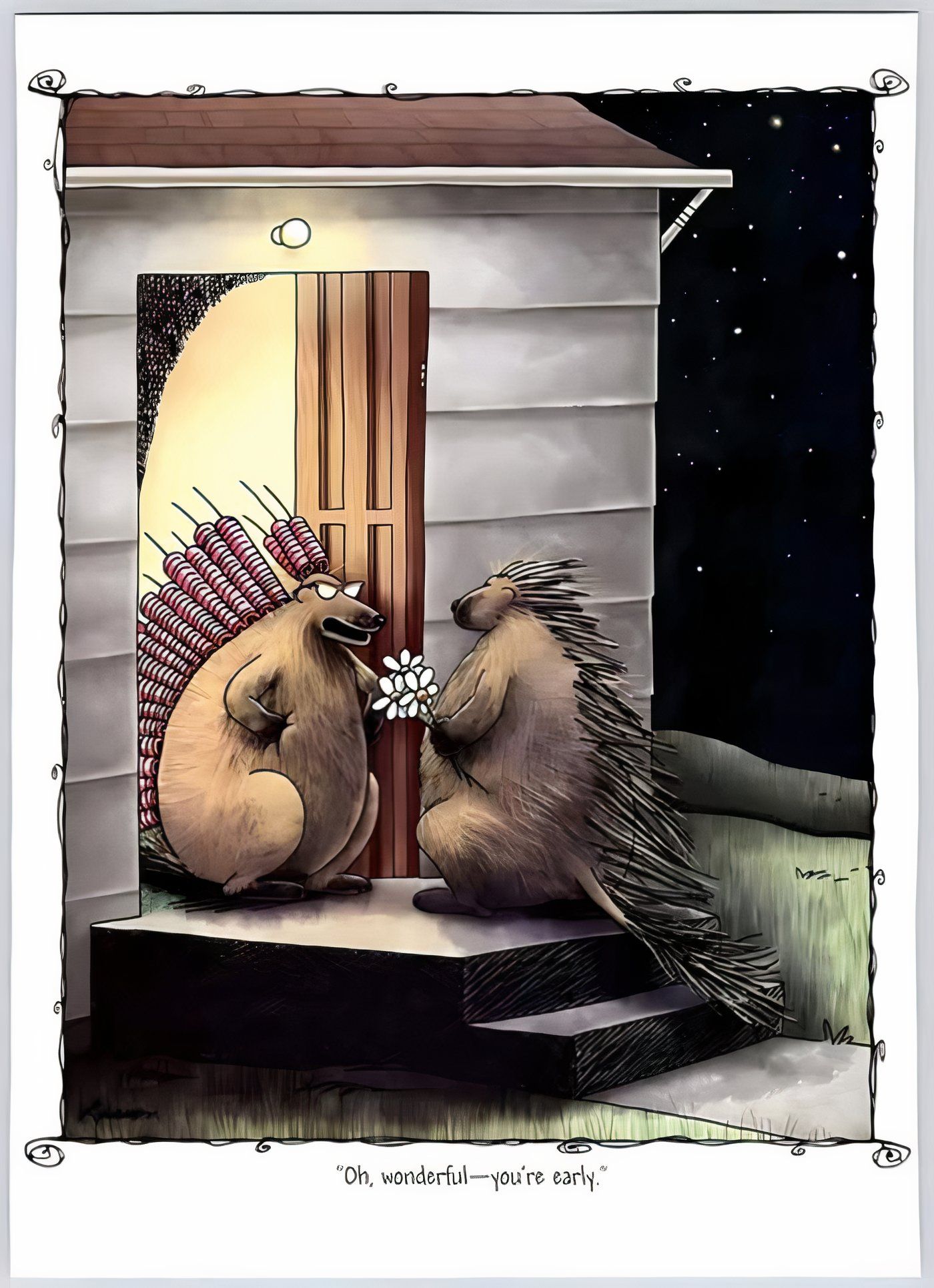 Two porcupines getting ready for a date in The Far Side.