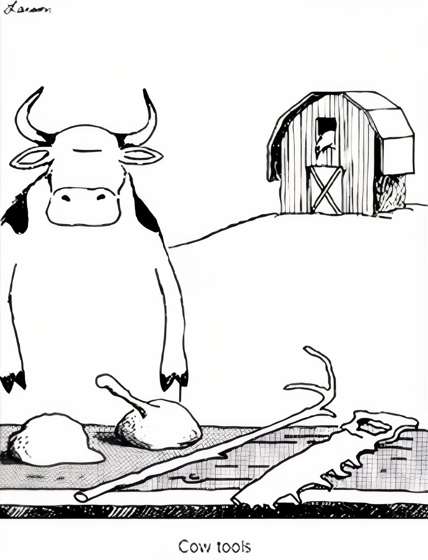 A stopped cow in front of 'Cow Tools' in The Far Side.