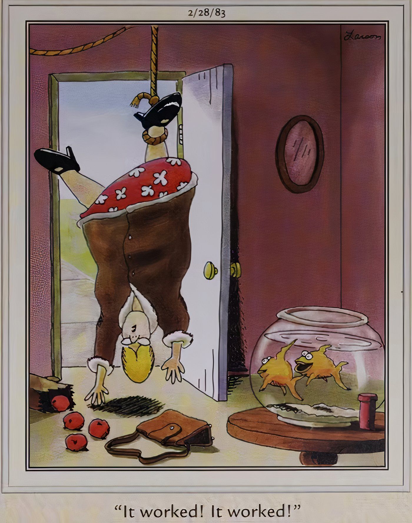 A woman being caught in a trap armed by her goldfish in The Far Side.