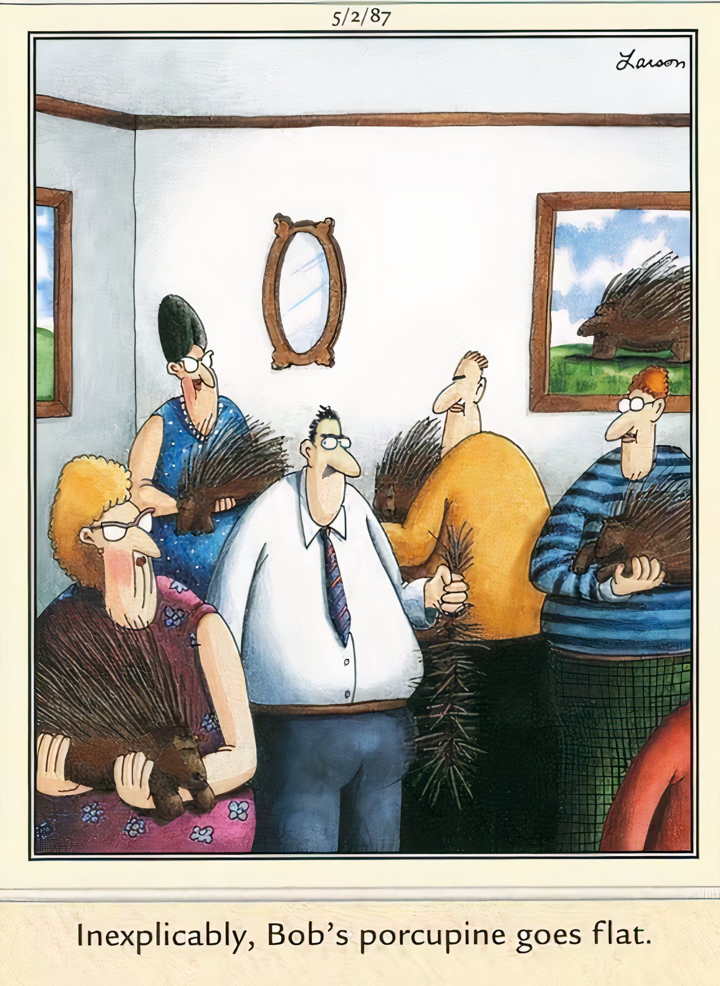 A group of people at a pork party in The Far Side.