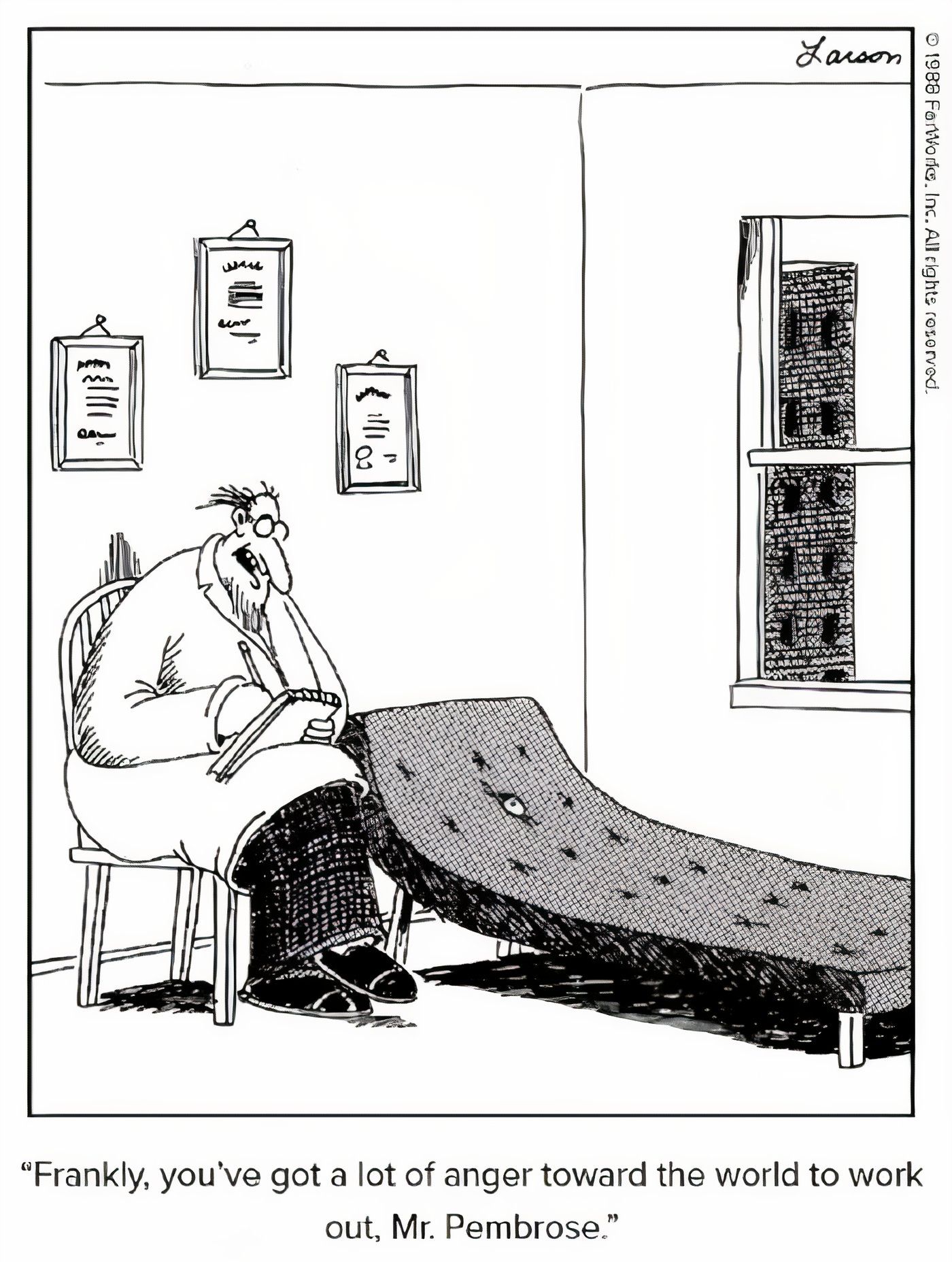 A therapist speaking with a sensitive look at The Far Side.