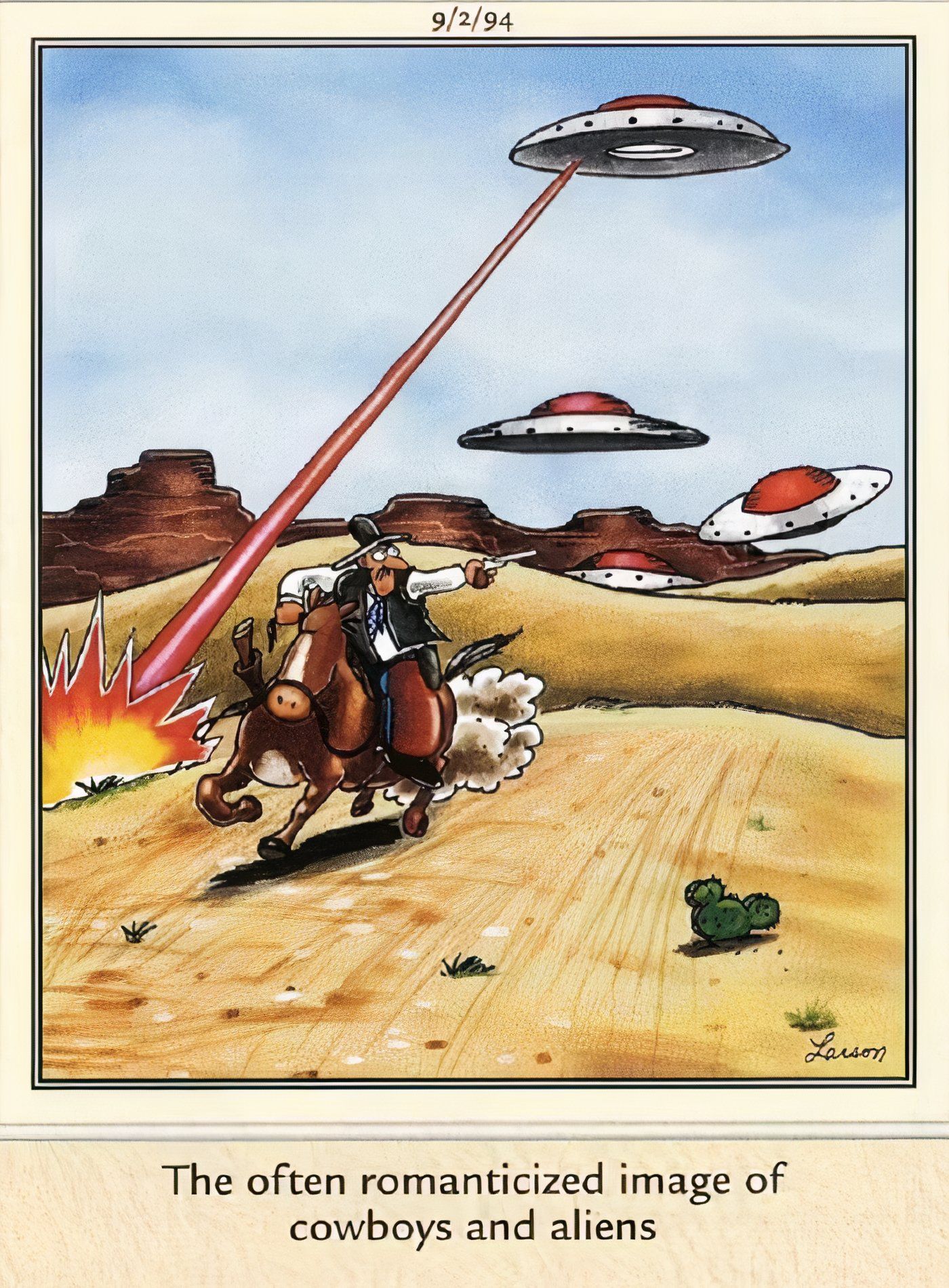 A cowboy fleeing a fleet of alien ships on the distant side.