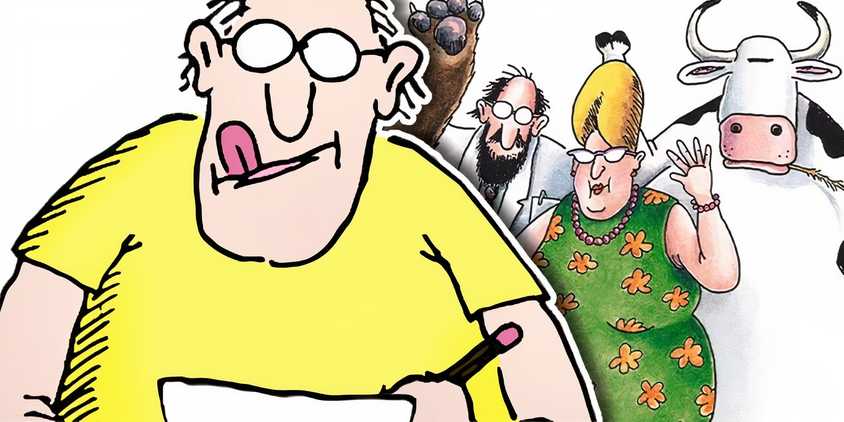A man in a yellow shirt writing on a piece of paper while a bearded man, a woman, and a cow wave behind him in The Far Side.