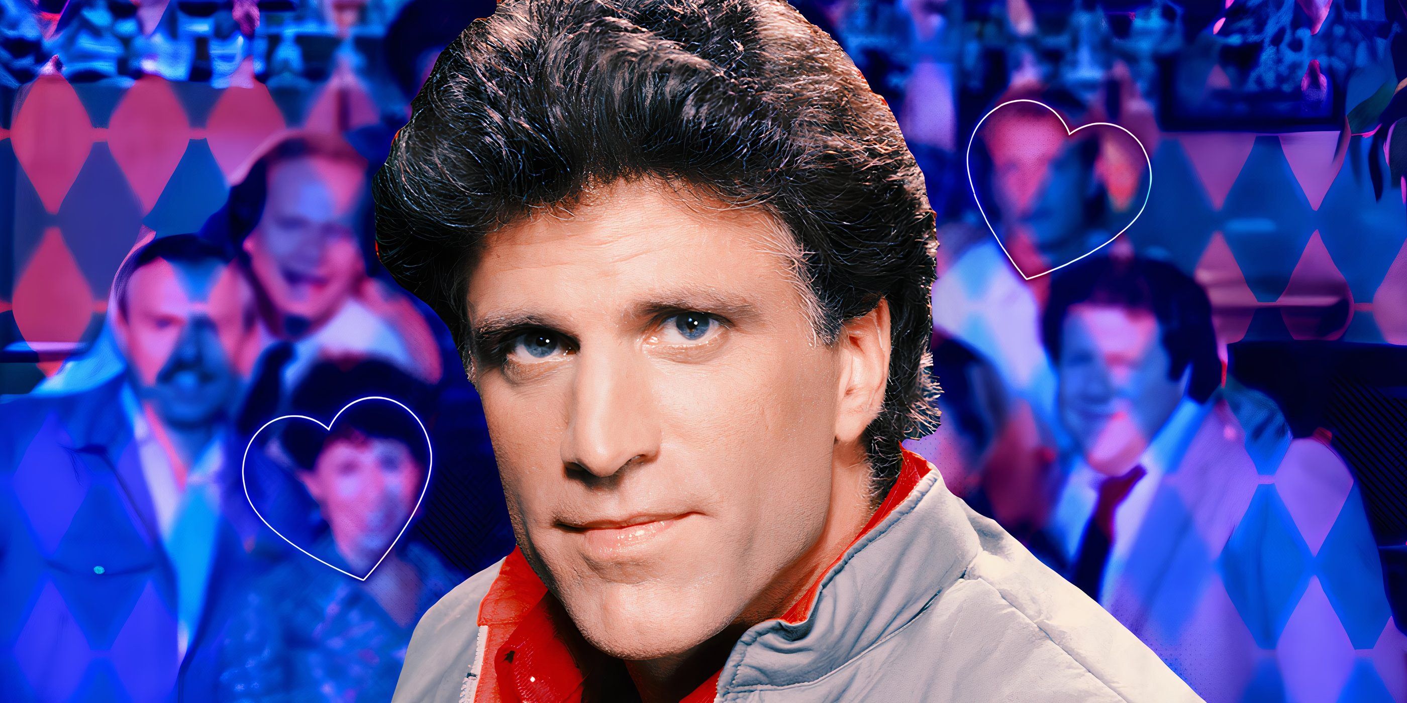 Ted Danson as Sam Malone in Cheers, over a picture of the rest of the cast. 