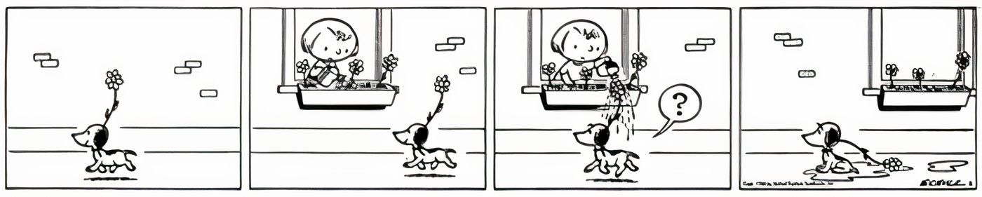 Peanuts' Snoopy walking down the street with a flower on his head.