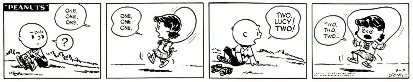 Lucy jumping rope next to Charlie Brown in peanuts.