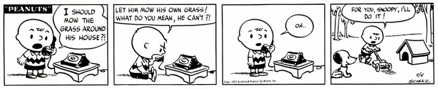 Charlie Brown cutting the grass around Snoopy's dog house.