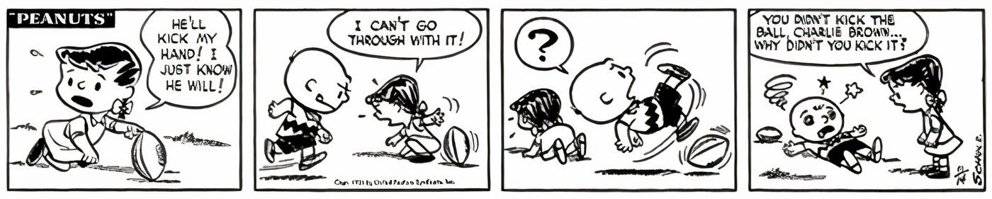 Violet pulling the football away before Charlie Brown can kick it.