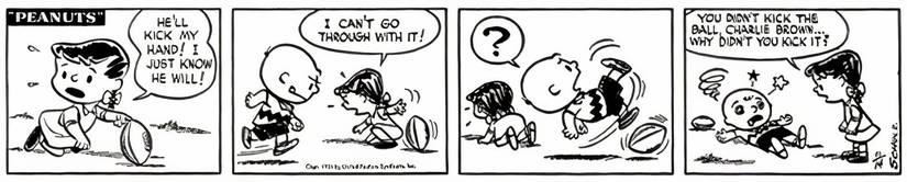 Violet pulling the football away before Charlie Brown can kick it.