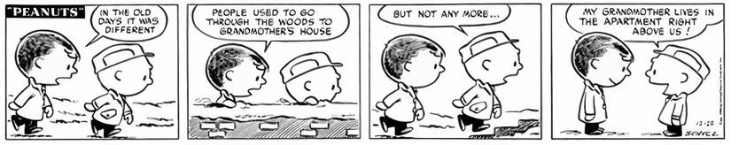 Charlie Brown and Shermy walking past the Brick Wall in Peanuts.