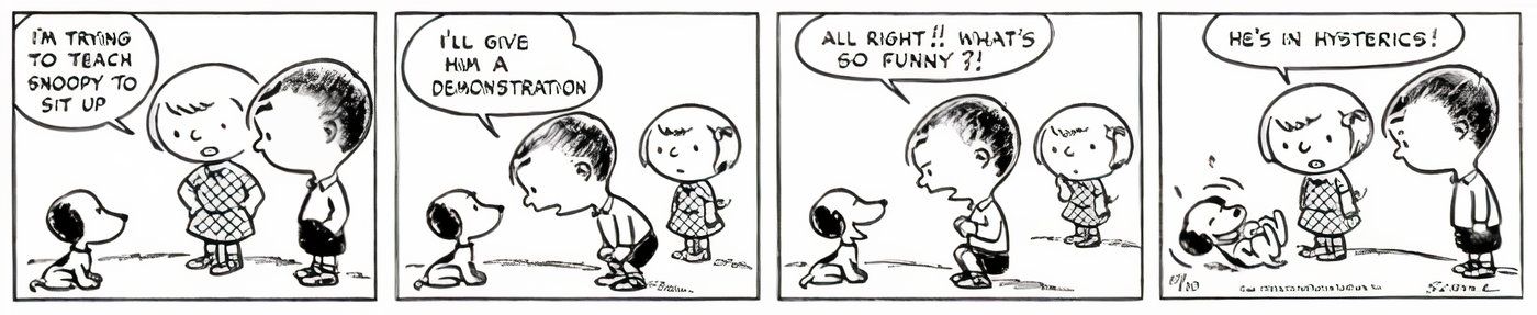 Patty and Shermy teaching Snoopy a trick in peanuts.