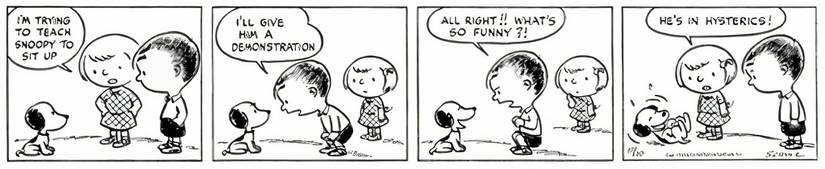 Patty and Shermy teaching Snoopy a trick in Peanuts.