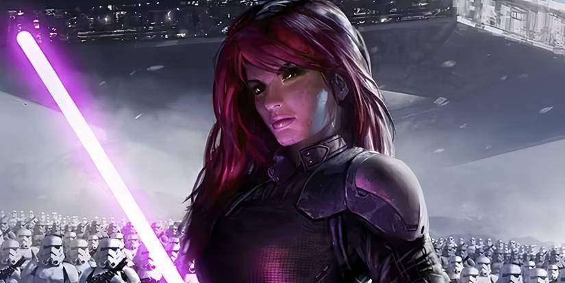 Star Wars' Mara Jade wielding a purple lightsaber with an army of Stormtroopers behind her.