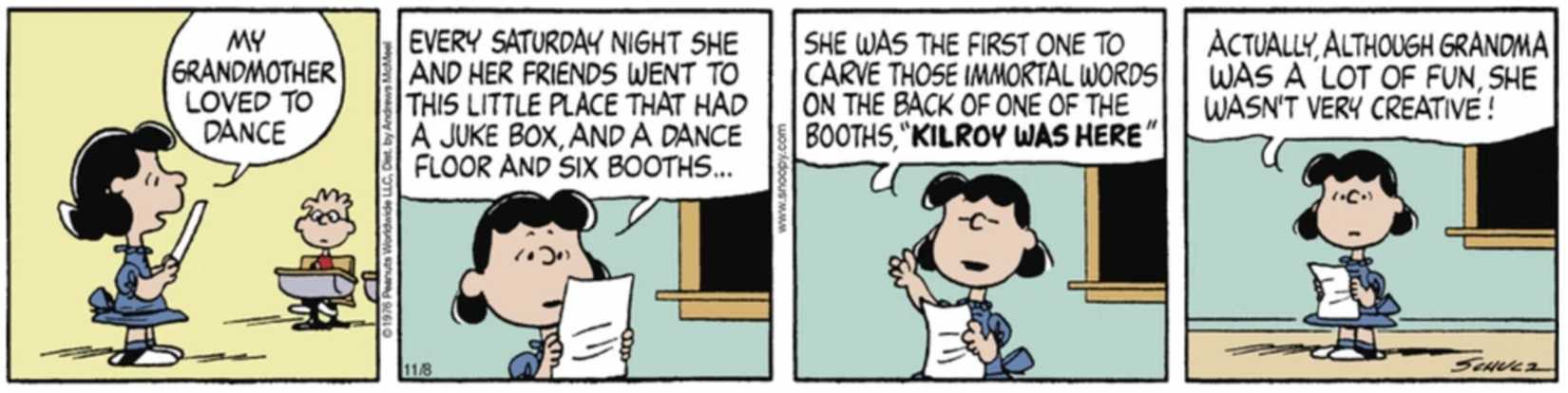 Peanuts strip: Lucy reading her report in front of the class.