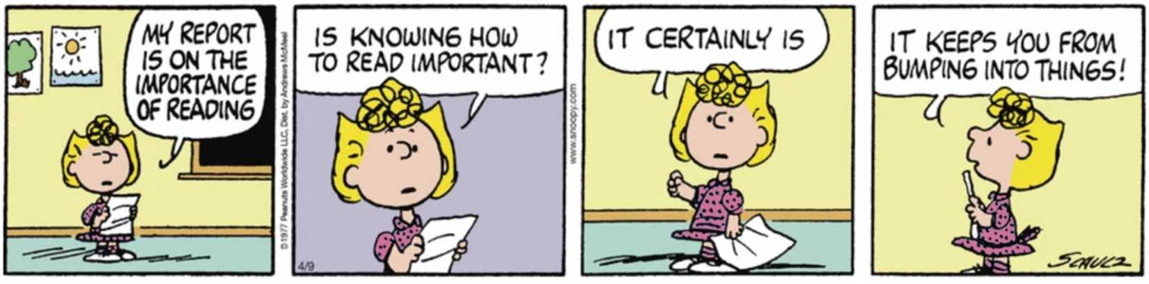 Peanuts strip: Sally reading her reported about reading.