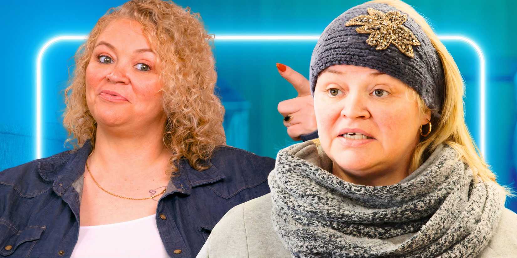 1000 lb sisters star amanda halterman in two poses with different outfits and a blue backgrounds