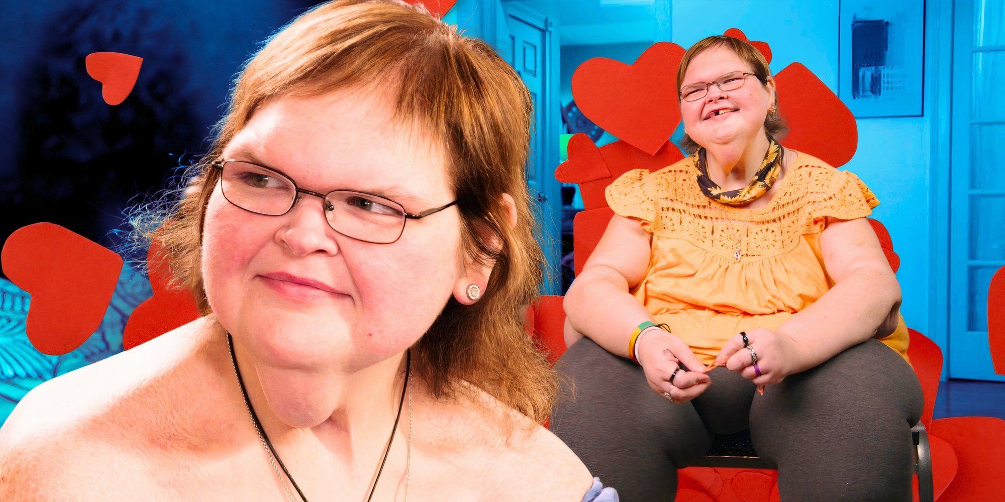 1000 lb sisters star tammy slaton in montage with close up and her smiling on a chair and heart background
