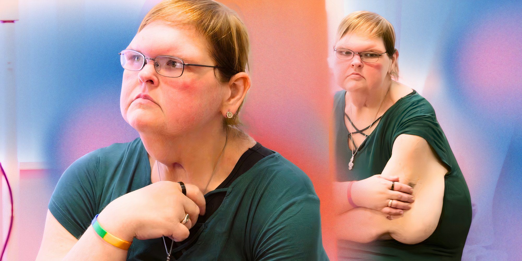 1000 lb sisters Star Tammy Slaton in two serious poses in a green t -shirt with Pasel background