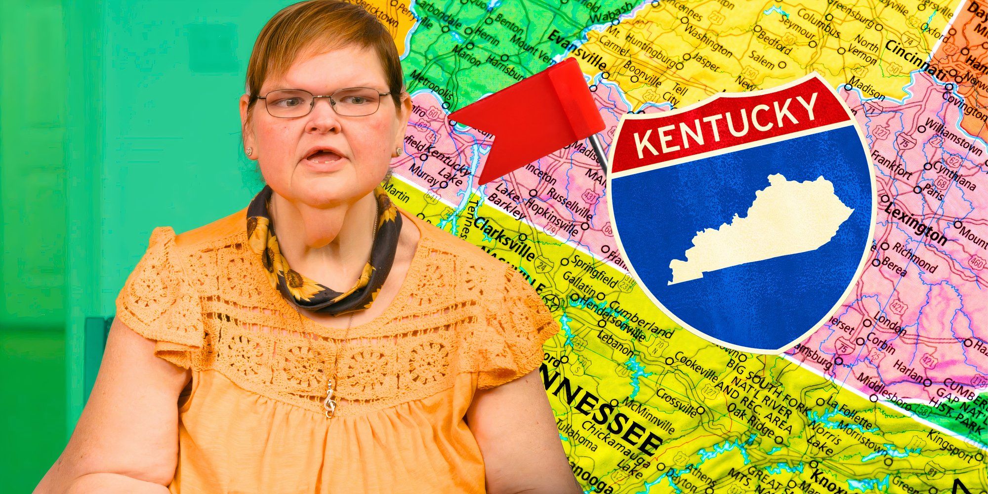 1000 lb Star sisters Tammy Slaton on yellow top with Kentucky map and crest in background