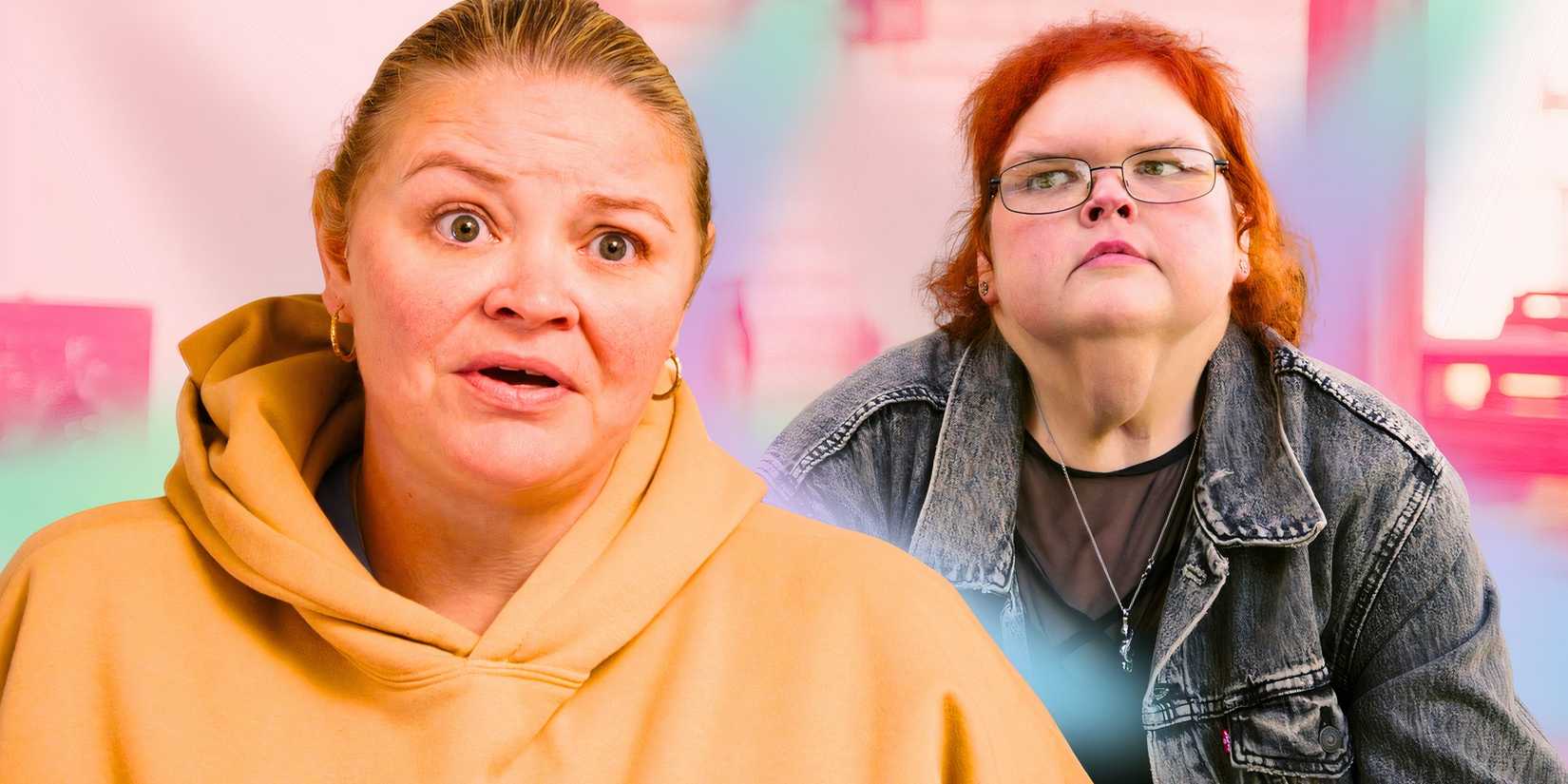 1000 lb sisters stars amanda halterman in yellow hoodie with tammy slaton in jean jacket and both serious