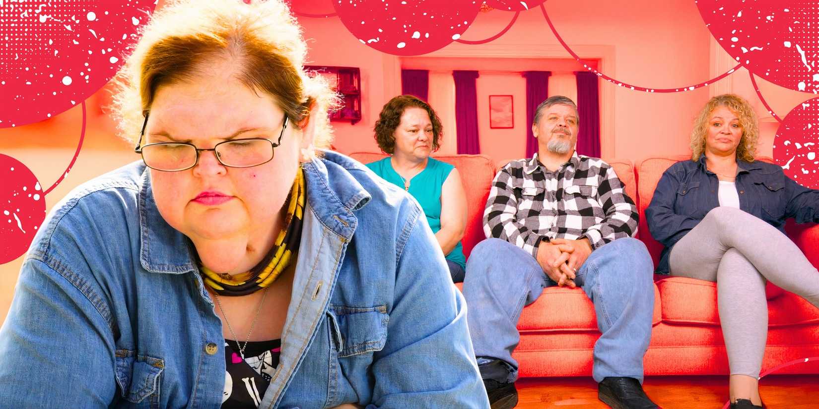 montage of tammy with amanda, chris and misty in the background on a couch from 1000-lb sisters