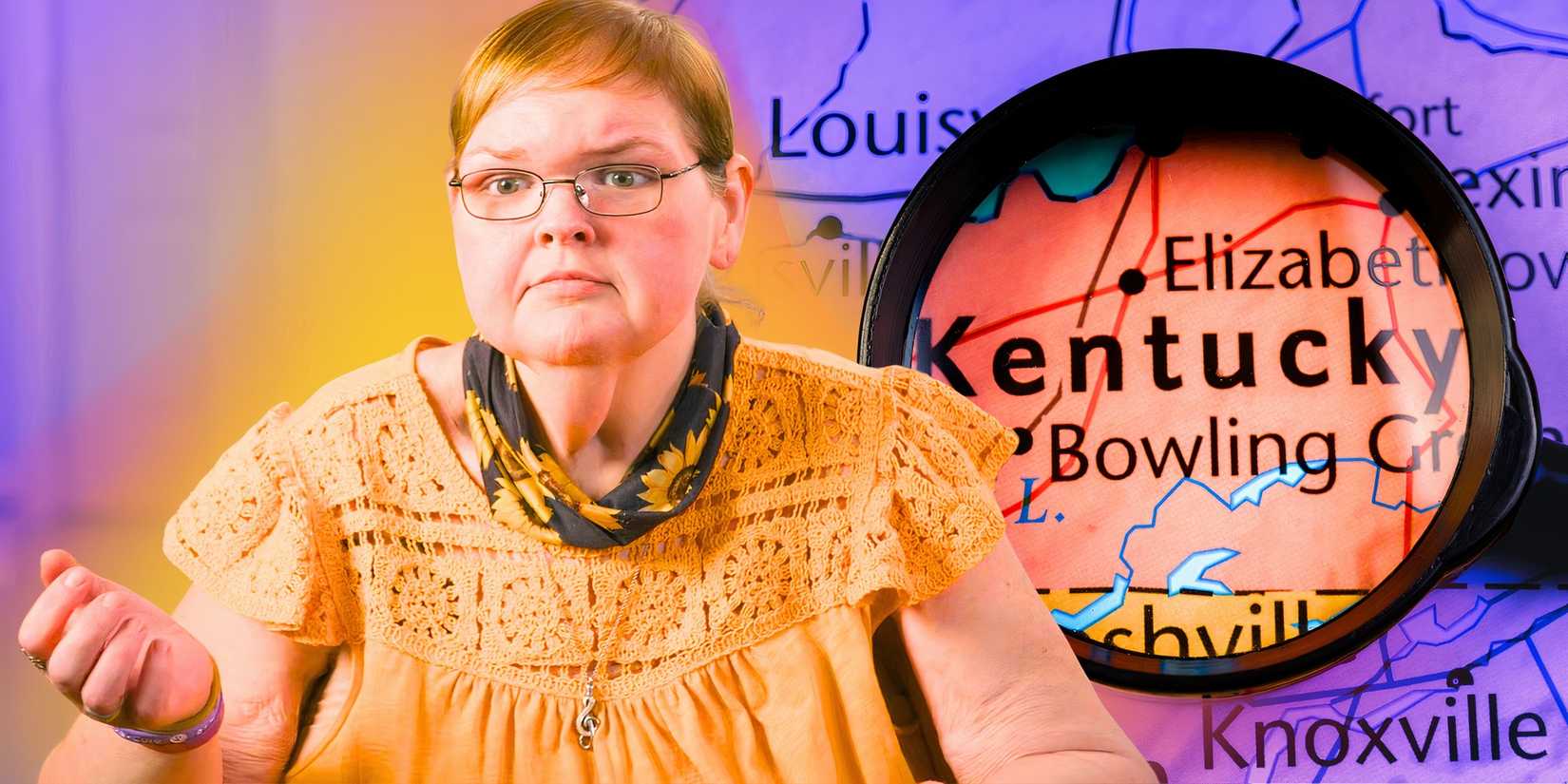 1000-Lb Sisters Tammy Slaton in yellow shirt and scarf with Kentucky on a map behind her