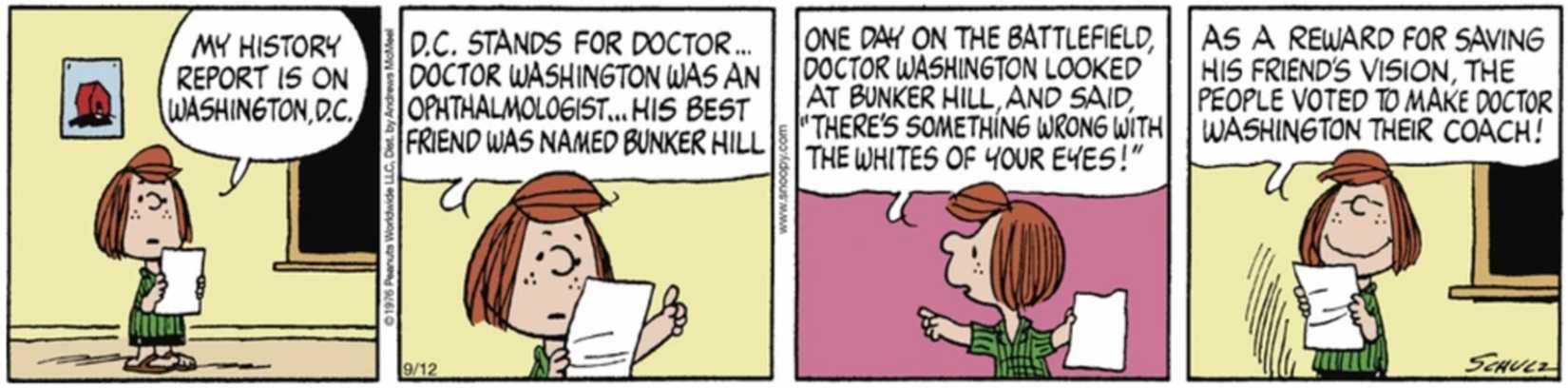 Peanuts strip: Peppermint Patty reading her report.
