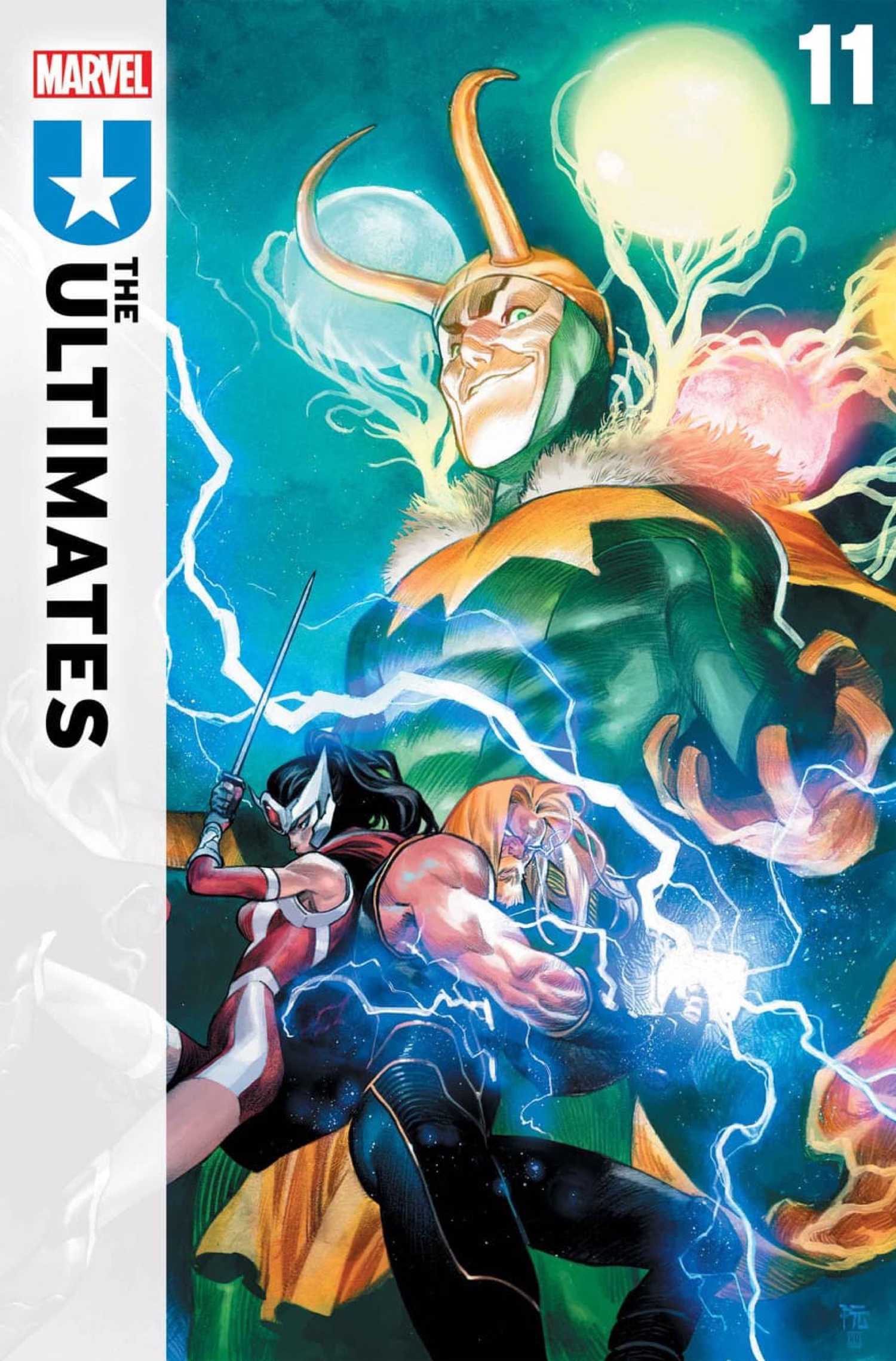 Ultimates #11 cover by Dike Ruan - Loki towers over Thor and Sif