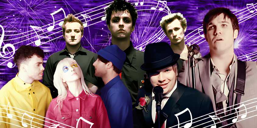 Paramore, Green Day, and Fall Out Boy in their own respective music videos, edited together over a musical notes background.