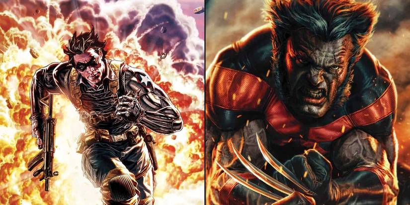 Winter Soldier in explosive art by Lee Bermejo and Ultimate Wolverine in art by Gabriel Dell’Otto