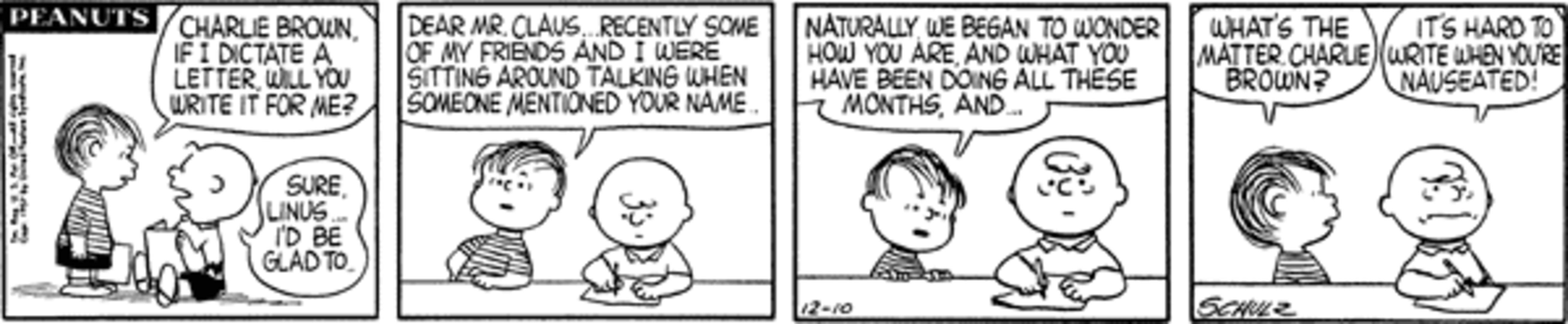 Linus dictating as Charlie Brown writes.