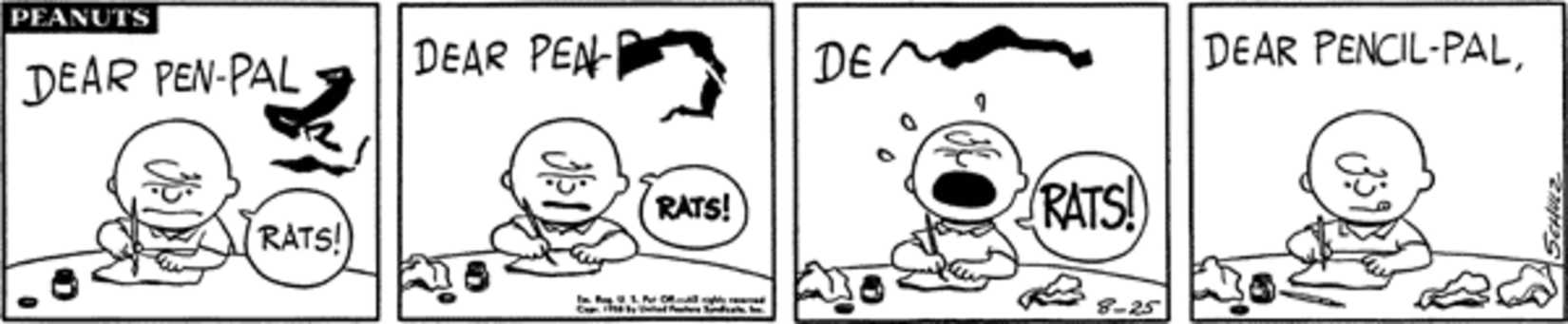 Charlie Brown messing up his pen pal letter with ink before switching to pencil.