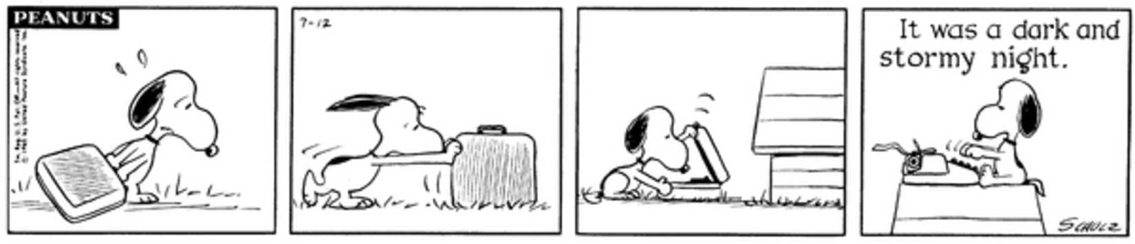 Peanuts strip: Snoopy drags his typewriter to the doghouse.